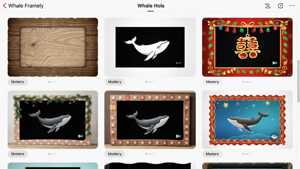 Whale Framely ������ģ��ѡ����棬������չʾ�Ŷ����ͬ���Ķ�̬���ģ��Ԥ������������ľ�ơ��ִ���Լ������ϲ��ȣ�ÿ��ģ�嶼�ڲ���΢��Ч�����沼�����룬������£������������ɾ�������Ԫ��