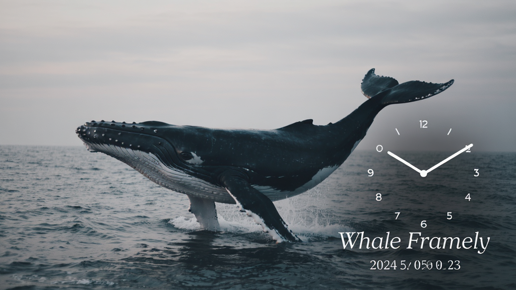 Whale Framely ʱ�ӵ��ӹ���չʾ��������һ�ŷ羰��Ƭ�ϵ����ż�Լ�İ�ɫʱ�Ӻ�������Ϣ���������ţ�λ�������½ǣ����廭���г��������ţ������������޸���Ԫ��