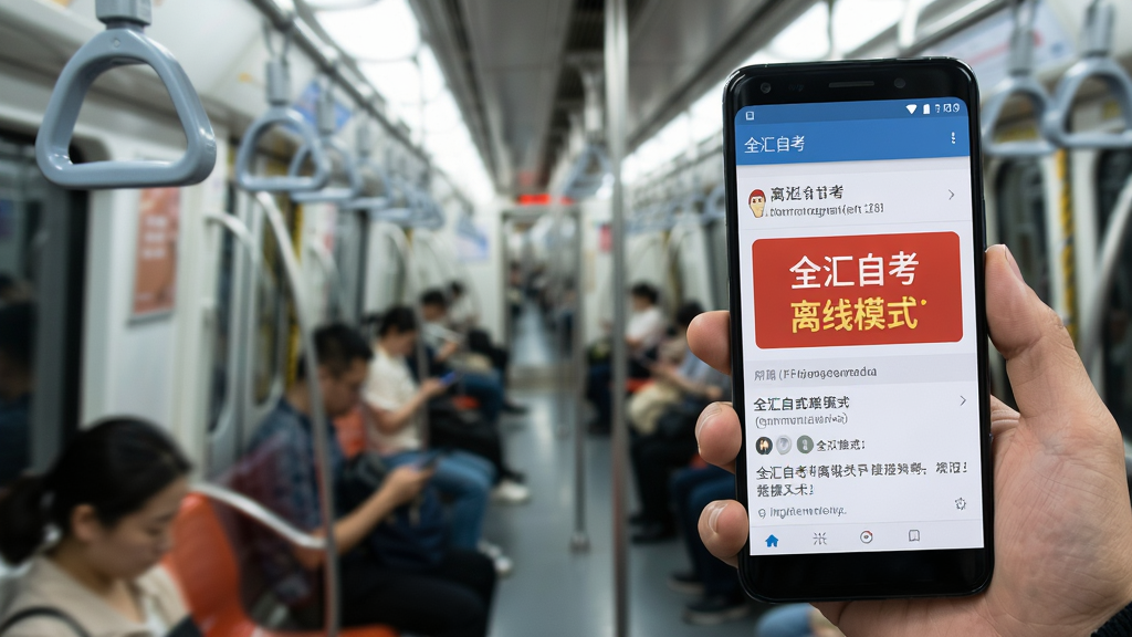 主体为一只手拿着安卓手机,手机屏幕显示“全汇自考”离线模式提示与题目界面,背景为地铁车厢内;布局为手机位于画面右侧,左侧为虚化的车厢扶手与乘客;排版上手机界面突出,离线标识明显;风格为都市通勤写实风;细节包括手机握持手势、屏幕亮度、背景动态模糊;画质为高清1080P,干净自然,无多余元素。