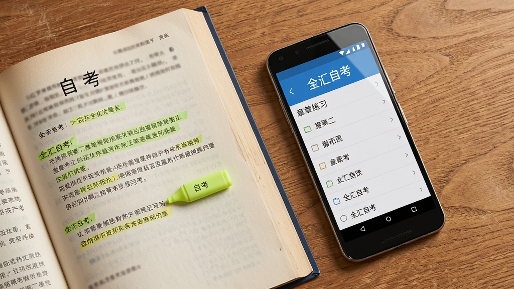 主体为一本翻开的自考教材与一部安卓手机并排放在木质桌面上,手机屏幕显示“全汇自考”章节练习界面,左侧教材页面有荧光笔标记;布局为俯视角度,教材与手机呈对角线摆放;排版上手机界面清晰,章节列表可见;风格为温暖学习场景写实风;细节包括书页纹理、手机屏幕反光、桌面木纹;画质为高清4K,干净整洁,无多余元素。