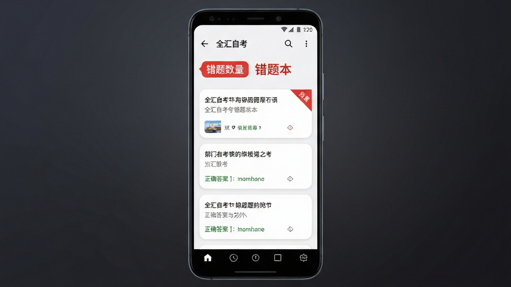 主体为一部安卓手机屏幕特写,显示“全汇自考”错题本页面,红色标签标注错题数量,下方列表展示题目与正确答案;布局为手机居中,背景为深灰色渐变;排版上错题卡片圆角设计,文字对比清晰;风格为现代扁平化UI展示风;细节包括红色角标、题目缩略、底部导航栏图标;画质为高清2K,干净无杂乱。