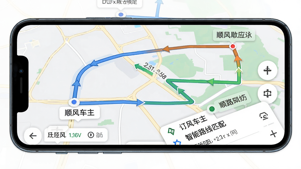 һ��չʾ˳�糵���ӵ�ͨ����·��ƥ�书�ܵ�ʾ��ͼ����������Ϊ�ֻ���Ļ�ϵĵ�ͼ���棬��ͼ����ʾ������ǰλ�á�Ŀ�ĵ��Լ������Ƽ�·�ߣ�·���ò�ͬ��ɫ��ע˳·�̶ȣ�����Ϊȫ����ͼ�ӵײ�������Ϣ�������Ϊ�ִ�����Ӧ�÷��ϸ�ڰ���·�߼�ͷ�������ע��ʱ��Ԥ���ȣ����ʸ��壬�ɾ���࣬�޶���Ԫ��