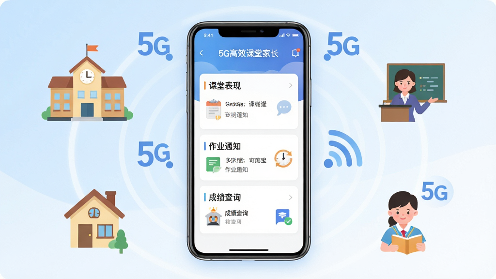 ��������չʾһ�������ֻ����ֻ���Ļ����ʾ��5G��Ч���üҳ���Ӧ�ý��棬����������ñ��֡���ҵ֪ͨ���ɼ���ѯ��ģ�飬�ֻ���Χ������ѧУ����ͥ����ʦ��ѧ���ȱ�ƽ��ͼ�꣬����Ϊ��͵����׽��䣬���岼�ּ�����������Ϊ�ִ��Ƽ������磬ϸ����ͻ��5G�źű�ʶ���У����Ԫ�أ����ʸ��壬�ɾ����޶���Ԫ�ء�