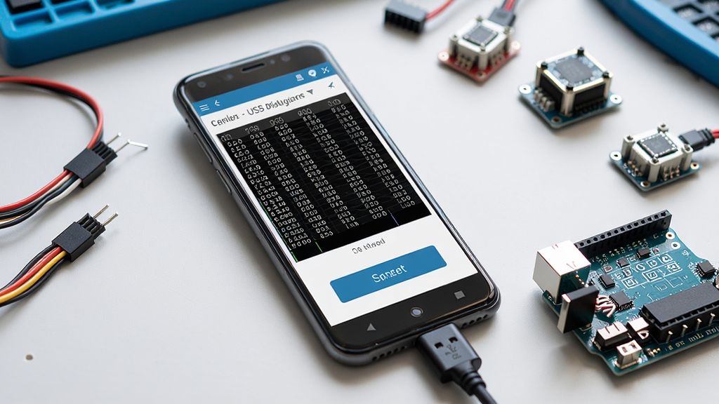 һ��չʾUSB���������������ͼƬ������������һ����׿�ֻ�ͨ��OTG��������һ��Arduino�����壬�ֻ���Ļ����ʾ��USB�������������շ����棬����ʮ������������ʾ����ͷ��Ͱ�ť������������ĵ��ӹ���̨���Ա�ɢ���ŶŰ��ߺʹ�����ģ�飬������Ϊдʵ�Ƽ��磬����������ͣ����������ɾ����޶���Ԫ��