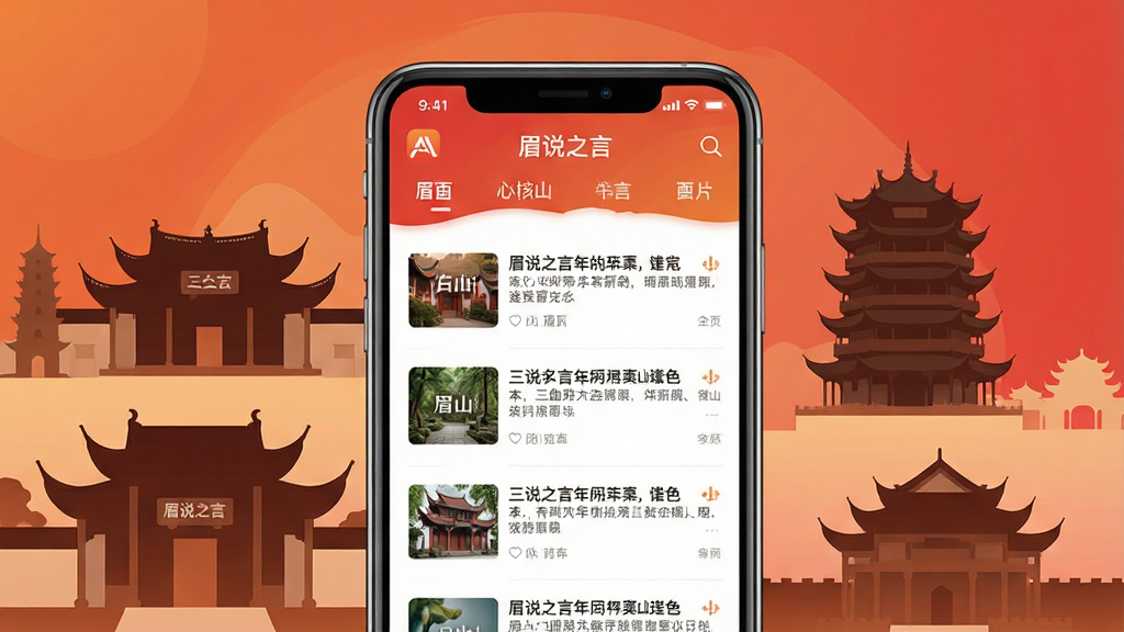 һ��չ��ü˵֮��APP����ȫò������ͼ������������һ�������ֻ����ֻ���Ļ����ʾ��ü˵֮��APP����ҳ���棬�����а���������Ѷ�б��Ͷ������������ֻ���Χ������üɽ�ر꽨����Ӱ����������Զ��¥��Ԫ�أ���������ů�ĳȺ�ɫ����ɫ�������岼�ּ����������Ϊ�ִ���ƽ��UI��ƣ�ϸ����ͻ��APPͼ���Ʒ�Ʊ�ʶ�����ʸ���ɾ����޶���Ԫ��