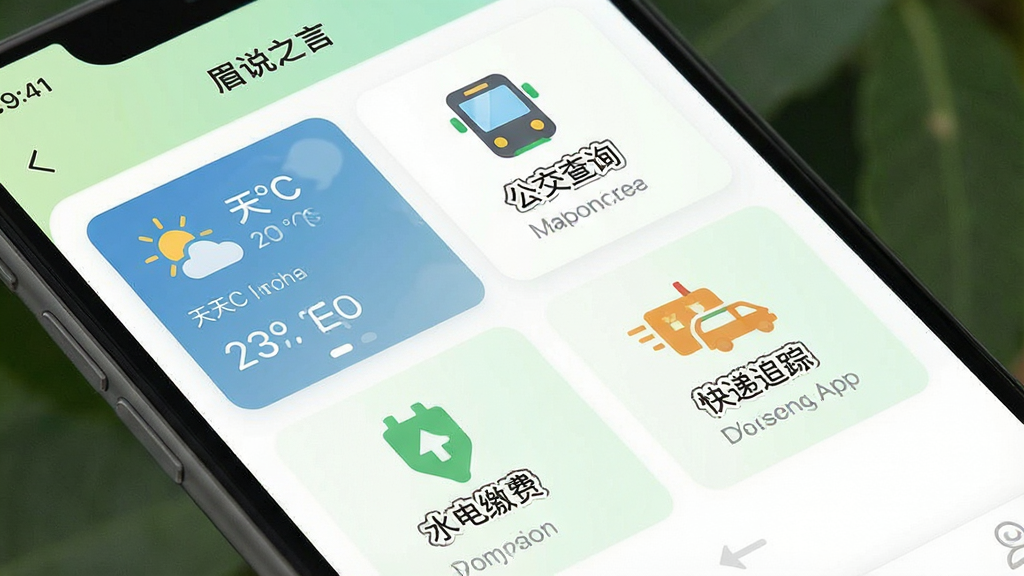 һ��չʾü˵֮��APP��������ܵĽ���ͼ�������������ֻ���Ļ����Ļ����ʾ��ü˵֮��APP���������ҳ�棬ҳ���а���������Ƭ��������ѯ��ˮ��ɷѡ����׷�ٵ�ģ�飬ÿ��ģ�����м���ͼ���˵�����֣�����Ϊ��ɫ��ǳ��ɫ���䣬���岼����ˬ��Ȼ�����Ϊ���������APP������ƣ�ϸ����ͻ������ģ���ͼ������֣����ʸ���ɾ����޶���Ԫ��