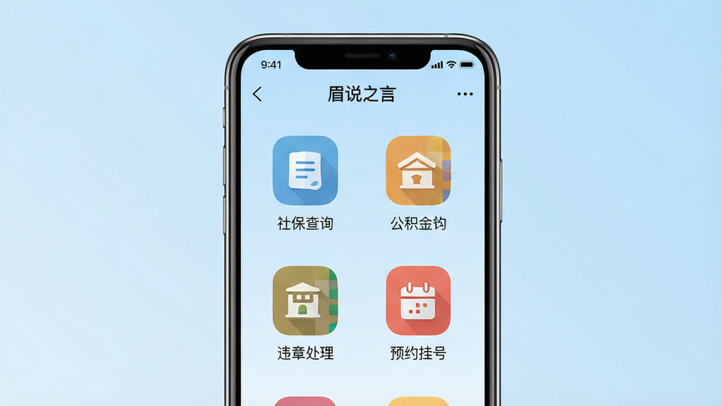һ��չʾü˵֮��APP��������ܵĽ���ͼ�������������ֻ���Ļ����Ļ����ʾ��ü˵֮��APP���������ҳ�棬ҳ�����������籣��ѯ��������Υ�´�����ԤԼ�Һŵȹ���ͼ�꣬ͼ����ñ�ƽ����ɫ��ƣ�����Ϊǳ��ɫ���䣬���岼���������򣬷��Ϊ�������ƶ�Ӧ�õ��ͽ��棬ϸ����ͻ������ͼ������ֱ�ǩ�����ʸ���ɾ����޶���Ԫ��