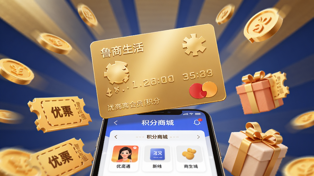 ����չʾһ�Ž�ɫ�Ļ�Ա���������ֻ���Ļ�Ϸ����ֻ���Ļ��ʾ��³�����APP�Ļ����̳�ҳ�档��Χɢ���Ž�ҡ��Ż�ȯ������е�Ԫ�أ���΢��������֡�����Ϊ����ɫ���ɫ���䣬ͻ�����У��Ű�������ķ���״��ͼ��ϸ�ڷḻ�����ʸ��壬�޶�������Ԫ�ء�