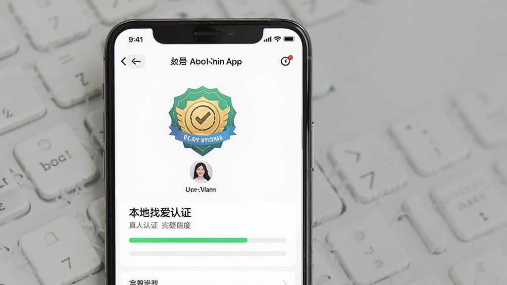 一张展示本地找爱APP真人认证流程的示意图,画面主体是手机屏幕上显示认证徽章和用户资料页,布局为竖版UI界面,风格简洁可信,细节包括认证标识、用户头像和资料完整度进度条,画质清晰干净,无多余元素