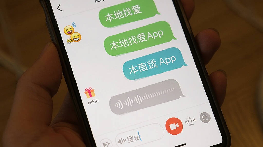 一张展示本地找爱APP聊天界面的图片,画面主体是手机屏幕显示文字气泡、语音条和视频通话按钮,布局为竖版聊天窗口,风格温馨社交,细节包括表情包、礼物图标和输入框,画质清晰干净,无多余元素