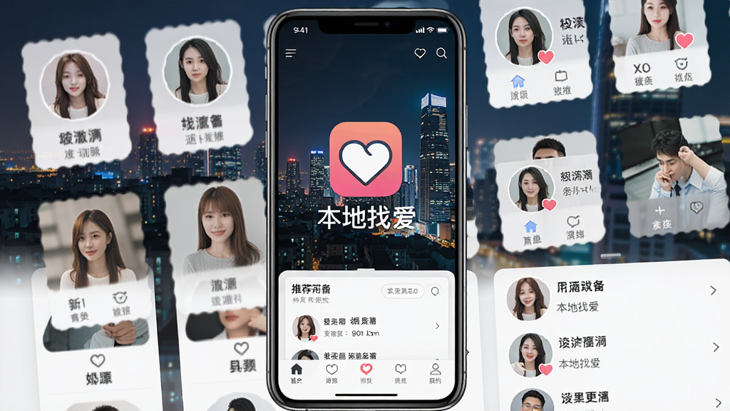 一张手机屏幕展示本地找爱APP主界面的图片,画面中央是APP的LOGO和名称“本地找爱”,背景是城市夜景与用户头像卡片排列,整体布局为竖版手机UI展示,风格现代清新,细节包括底部导航栏和推荐用户列表,画质清晰干净,无多余元素