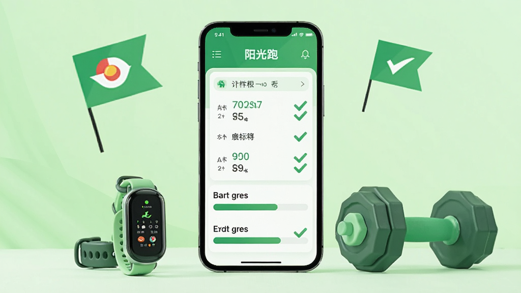 阳光跑 个性化训练计划界面展示,画面中央是一部手机,屏幕上显示训练日程表和目标进度条,手机旁边放置着运动手环和哑铃,背景是淡绿色渐变,整体风格为清新健康扁平设计,色调以绿色和白色为主,细节包括目标旗帜和完成勾选标记,画质清晰,干净,无多余元素