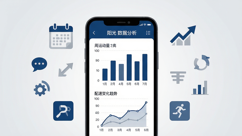 阳光跑 运动数据分析界面展示,画面中央是一部手机,屏幕上显示柱状图和折线图,图表中标注了周运动量和配速变化趋势,手机周围环绕着数据图标和统计符号,背景为淡灰色渐变,整体风格为简约商务扁平设计,色调以深蓝和浅灰为主,细节包括日历图标和趋势箭头,画质清晰,干净,无多余元素