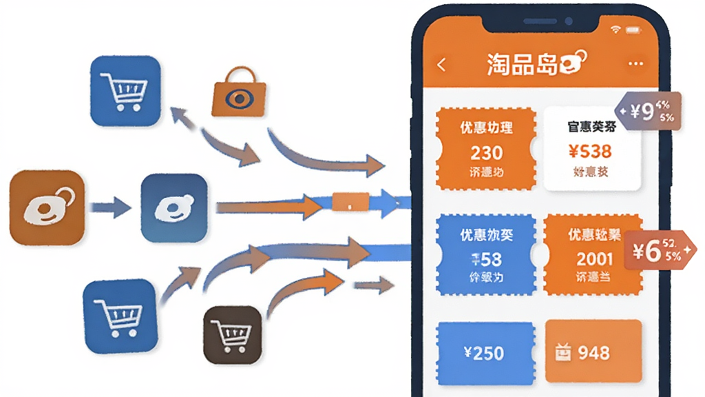 一张以“淘品岛”为主题的插画,画面左侧是多个电商平台图标汇聚成一条数据流,右侧是一部手机屏幕显示优惠券与价格对比列表,整体风格扁平化,配色以橙蓝为主,细节包括箭头、价格数字与折扣标签,画质清晰,干净,无多余元素