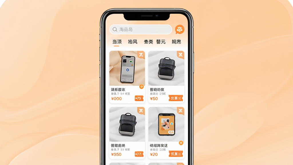 一张展示“淘品岛”手机应用主界面的图片,画面中央是一部竖屏智能手机,屏幕内显示商品卡片瀑布流,顶部有搜索框与分类标签,背景为浅橙色渐变,风格清新明快,细节包括商品缩略图、价格标签与优惠券图标,画质清晰,干净,无多余元素