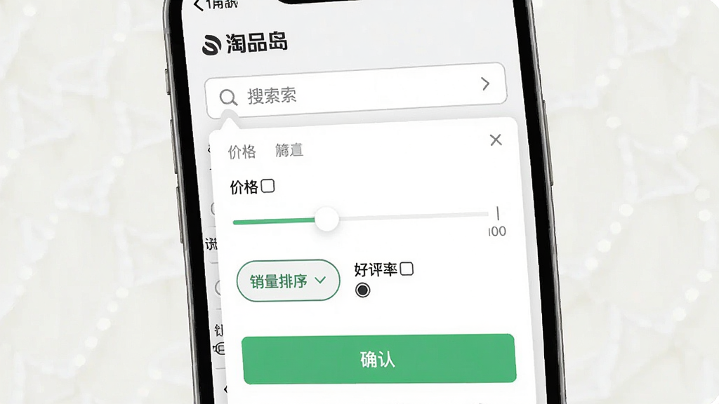 一张展示“淘品岛”搜索筛选功能的图片,画面为手机屏幕界面,屏幕内显示搜索框下方展开的筛选面板,包含价格滑块、销量排序按钮与好评率选项,背景为浅色,风格清爽极简,细节包括筛选标签与确认按钮,画质清晰,干净,无多余元素