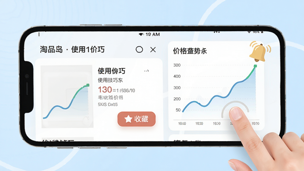 一张展示“淘品岛”使用技巧的示意图,画面为手机屏幕显示商品详情页与价格走势图,旁边有手指点击收藏按钮的动作,背景为浅蓝色,风格清新浅色,细节包括价格曲线、收藏图标与提醒铃铛,画质清晰,干净,无多余元素