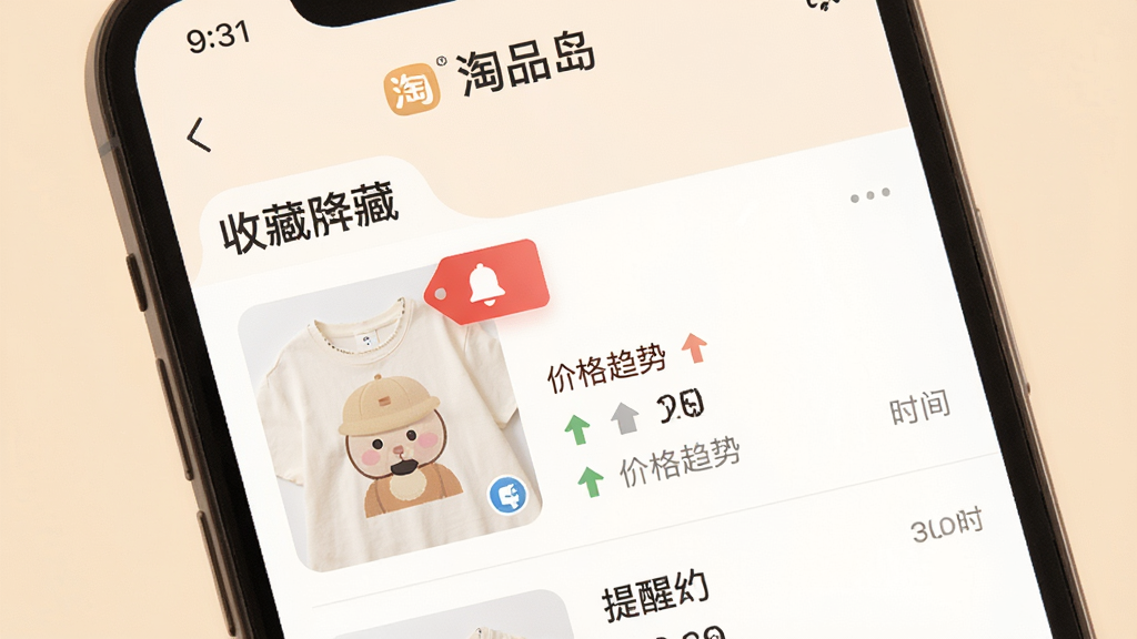 一张展示“淘品岛”收藏与降价提醒功能的图片,画面为手机屏幕显示收藏列表,其中一件商品旁边有红色降价标签与铃铛图标,背景为柔和米色,风格温馨柔和,细节包括价格走势小箭头与提醒时间,画质清晰,干净,无多余元素