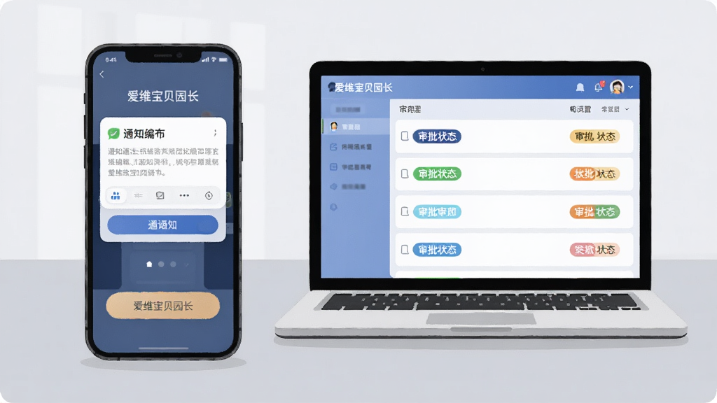 主体为一部手机和一台笔记本电脑并排摆放,手机显示通知发布界面,电脑显示审批流程列表;布局为左右对称,背景为浅灰色办公桌面;排版上手机屏幕突出通知编辑框,电脑屏幕突出审批状态标签;风格为现代商务扁平插画;细节包括按钮圆角、状态标签颜色分明;画质高清,干净,无多余元素,画面中打文字“爱维宝贝园长”