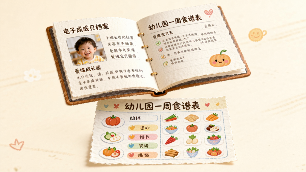 主体为一本翻开的电子成长档案册和一份幼儿园一周食谱表,悬浮在画面中央;布局为上下结构,上方是成长档案页面,下方是食谱表格;排版整齐,档案中有孩子照片和文字记录,食谱中有彩色食物图标;风格为温暖手绘风;细节包括纸张纹理柔和、食物图标可爱;画质高清,干净,无多余元素,画面中打文字“爱维宝贝园长”
