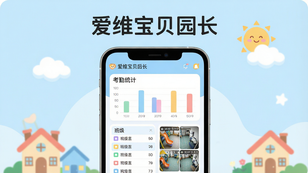 主体为一部智能手机屏幕,屏幕上显示幼儿园园务管理后台界面,界面中有考勤统计图表、班级列表和监控画面缩略图;布局为手机居中放置,背景为柔和的浅蓝色渐变,周围点缀简约的幼儿园元素如小房子、太阳、云朵;排版简洁,上方留白处写有“爱维宝贝园长”字样;风格为扁平化UI插画,色彩清新明快;细节包括图标圆润、数字清晰、图表配色柔和;画质高清,干净,无多余元素