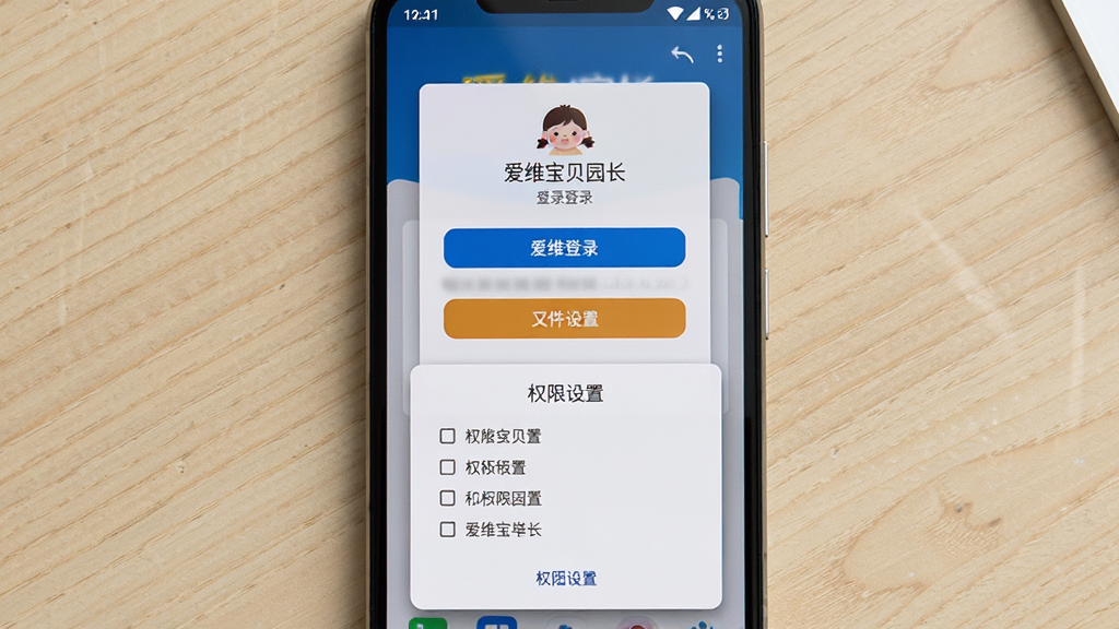 主体为一部安卓手机,屏幕上显示爱维宝贝园长的登录界面和权限设置弹窗;布局为手机竖屏居中,背景为浅色木纹桌面;排版上登录框在上方,权限弹窗在下方;风格为写实手机截图风格;细节包括按钮文字清晰、权限选项可见;画质高清,干净,无多余元素,画面中打文字“爱维宝贝园长”