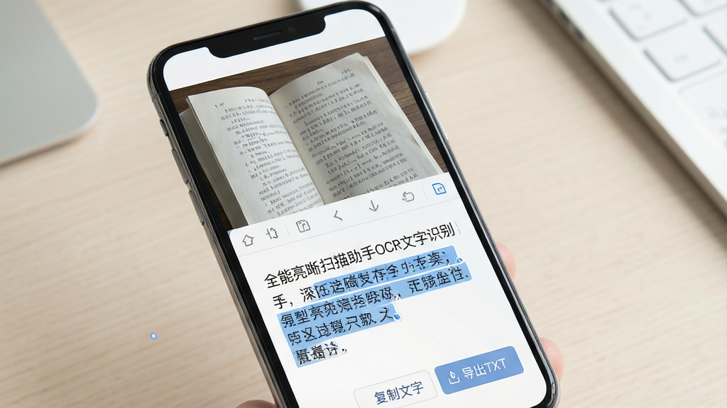 һ��չʾȫ������ɨ������OCR����ʶ���ܵĳ���ͼ������������һ���ֻ���Ļ����Ļ�ϰ벿����ʾһ������õ�ֽ����ҳͼƬ���°벿����ʾ����ʶ����Ŀɱ༭�������ݣ�������������ɫ����ѡ��Ч��������Ϊ���·��������Ϊ�������磬ϸ�����ֻ������С��������֡��͡�����TXT����ť������Ϊǳɫ�칫��������ɾ��޶���Ԫ�أ����ʸ��壬�ʺϹ���˵����ͼ��