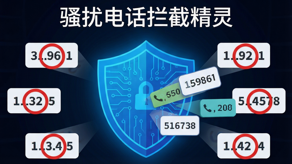 画面主体是“骚扰电话拦截精灵”的智能识别功能示意,中央为一颗发光的蓝色盾牌,盾牌前方有多个来电号码图标被弹开;布局为盾牌居中,号码图标环绕四周;排版上软件名称“骚扰电话拦截精灵”以白色字体显示在画面上方;风格为扁平化科技插画风格;细节包括盾牌表面有电路纹理,被拦截的号码图标带有红色禁止符号,背景为深色渐变;画质为矢量级清晰,干净无多余元素。