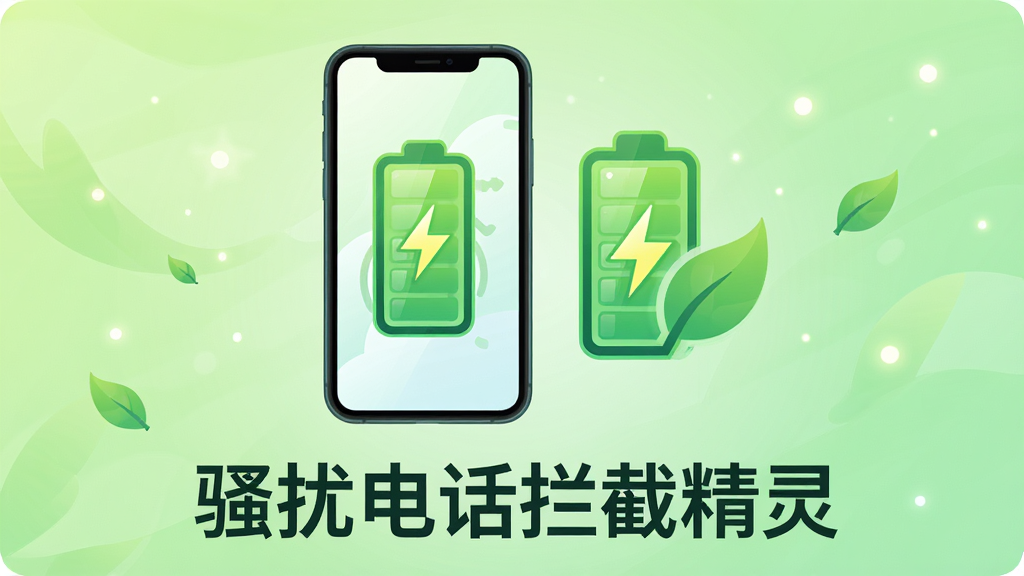 画面主体是“骚扰电话拦截精灵”低功耗运行示意图,画面中一部手机旁有绿色电池图标与节能叶片标志;布局为手机与图标并排展示,整体居中;排版上软件名称“骚扰电话拦截精灵”以深色字体显示在画面下方;风格为清新环保科技风格;细节包括电池图标带有闪电符号,背景为浅绿色渐变,有细微光点飘浮;画质为高清插画质感,干净无多余元素。