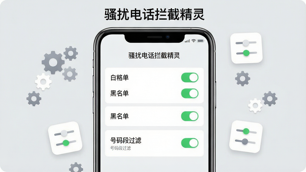 画面主体是“骚扰电话拦截精灵”的规则设置界面展示,屏幕上清晰可见白名单、黑名单、号码段过滤等选项开关;布局为手机界面居中展示,周围漂浮着齿轮与调节滑块图标;排版上软件名称“骚扰电话拦截精灵”位于画面顶部;风格为简洁明快的UI设计风格;细节包括开关按钮带有绿色高亮,背景为浅灰色调,界面元素排列整齐;画质为高清界面截图质感,干净无多余元素。