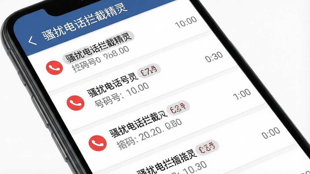 画面主体是“骚扰电话拦截精灵”的拦截记录列表界面,列表中显示多个被拦截号码及时间标签;布局为手机屏幕垂直展示,列表占据主要画面;排版上软件名称“骚扰电话拦截精灵”以白色字体显示在顶部导航栏;风格为清爽的移动端列表UI风格;细节包括每个记录条目带有红色拦截标识和灰色时间文字,背景为白色;画质为高清界面渲染,干净无多余元素。
