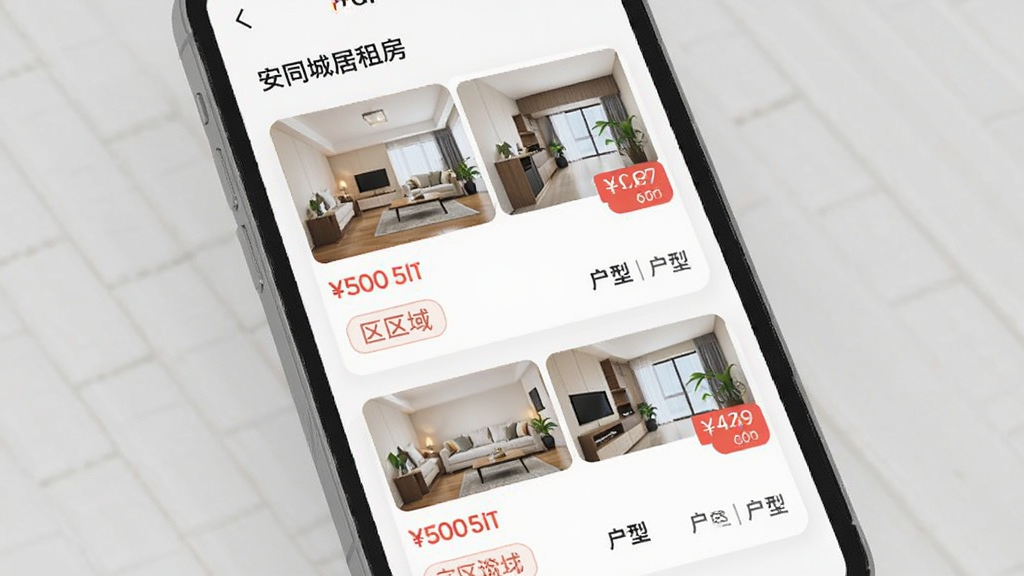 ��ͬ�Ǿ��ⷿAPP��Դ�б�ҳ�棬����Ϊ�ֻ���Ļ������Ϊ����Ƭ�����Ű����룬���Ϊ��ˬǳɫϵ��ϸ�ڰ�����ԴͼƬռλ���۸��ɫ��ע�������ǩ���������֣������������ɾ����޶���Ԫ��
