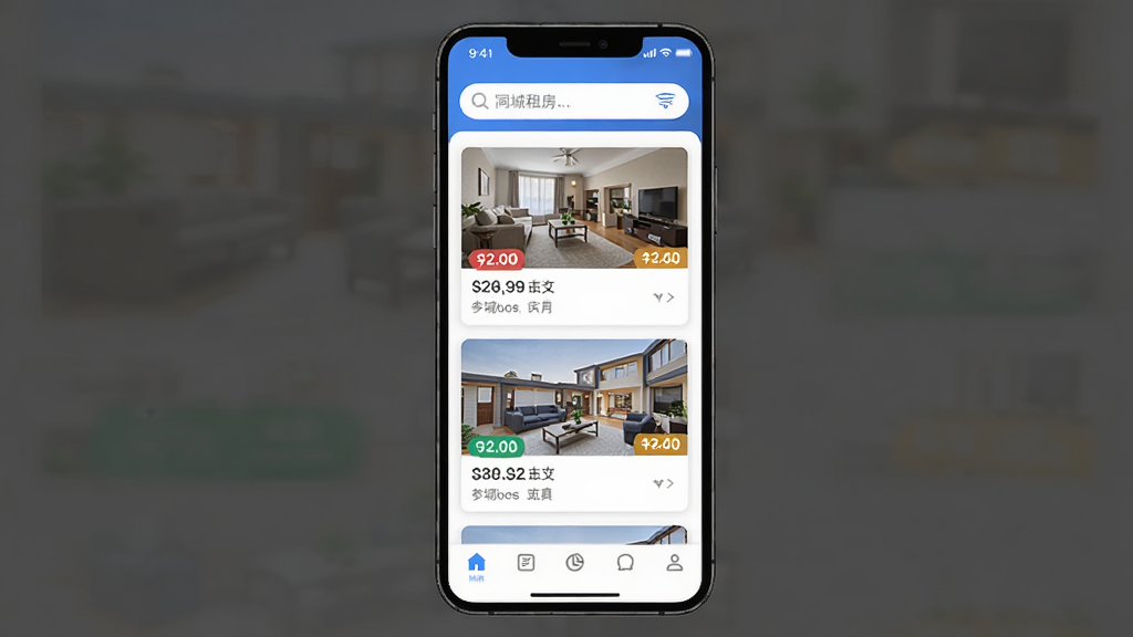 ��ͬ�Ǿ��ⷿAPP������չʾ������Ϊһ�������ֻ�����Ļ��ʾͬ���ⷿ��Դ�б�������Ϊ���½ṹ���Ϸ����������м䷿Դ��Ƭ���·������˵����Ű������������Ϊ�ִ���ƽ����ƣ�ϸ�ڰ�����Դ����ͼ���۸��ǩ���������ƣ����ʸ��壬�ɾ����޶���Ԫ��