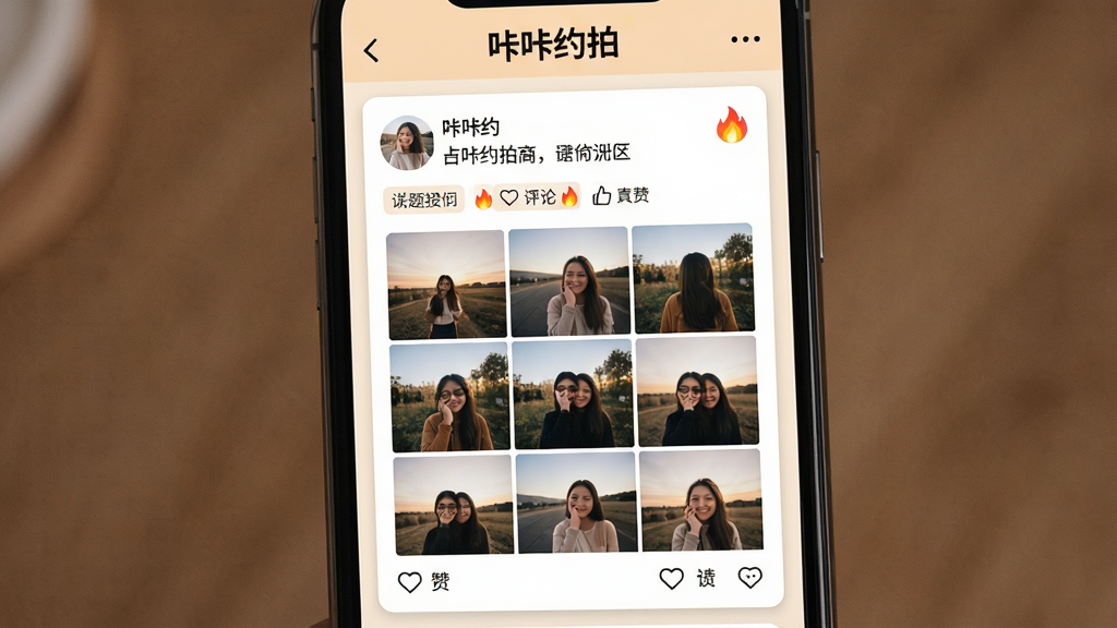 ����Լ��������̬ҳ��ͼ������չʾ�ֻ���Ļ�ڶ�̬��Ƭ�б���ÿ�ſ�Ƭ�����û�ͷ�񡢷������֡��Ź�����Ƭ��������۰�ť����Ļ����д�С�����Լ�ġ�����������Ϊ���п�Ƭ���������ů�罻�У�ϸ�ڰ��������ǩ������ȶ�ͼ�꣬���ʸ��壬�ɾ����޶���Ԫ��