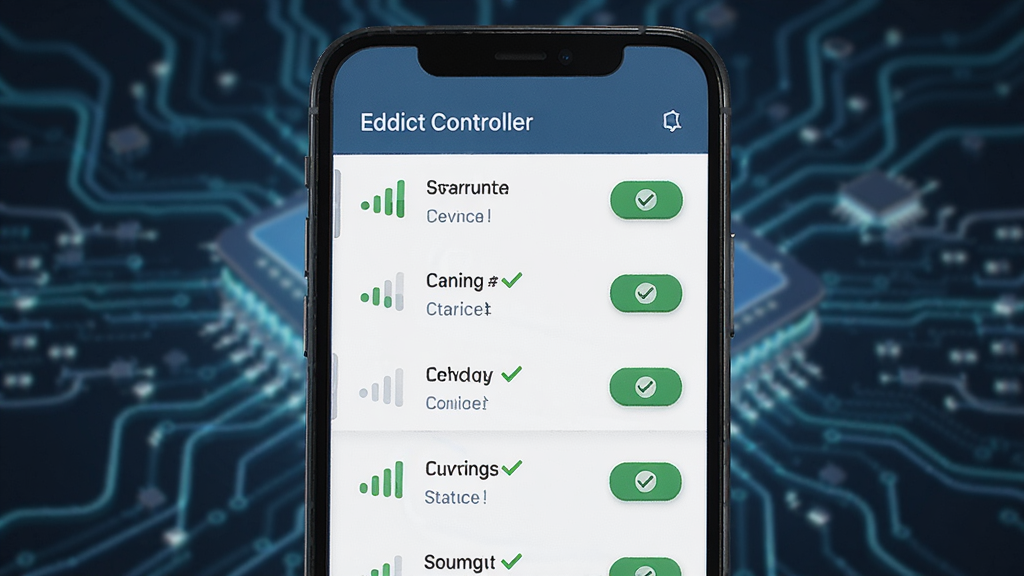 һ��չʾEddict Controller�������ӽ����ͼƬ�������������ֻ���Ļ����Ļ����ʾ�����������豸�б���ÿ���豸�Ա����ź�ǿ��ͼ������Ӱ�ť��������ģ���ĿƼ����������Ϊ�ִ���ƽ����ƣ�ϸ�ڰ����豸�������֡�����״̬����ɫ��ѡ��ǣ����ʸ��壬�ɾ��޶���Ԫ��