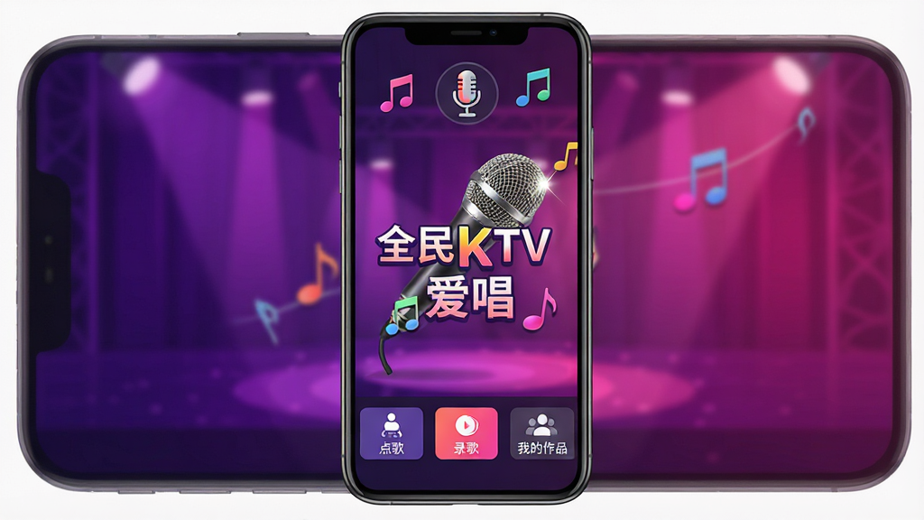 һ���ֻ���ĻչʾK��Ӧ�õĽ��棬����������ȫ��KTV�������������棬����������ɫ����ɫ�Ľ�����̨�ƹ�Ч������Ļ�Ϸ�����˷�ͼ�������Ʈ������Ļ�·������ŵ�衢¼�衢�ҵ���Ʒ�ȹ��ܰ�ť��������ñ�ƽ��UI��Ʒ��ϸ������˷��н����ʸз��⣬����ɫ�����ޣ����ʸ��壬����ɾ����޶���Ԫ��