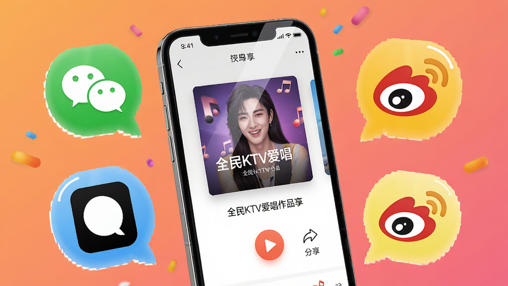 һ���罻������������������һ���ֻ�����չʾȫ��KTV��������Ʒ����ҳ�棬��Ļ���и������桢���Ű�ť�ͷ���ͼ�꣬�ֻ���Χ������΢�š�QQ��΢�����罻ƽ̨��ͼ�����ݣ���������ů�ĳȷ�ɫ���䣬���������죬ϸ�����ֻ���Ļ����΢�ķ��⣬ͼ�������ɱ棬���ʸ��壬����ɾ����޶���Ԫ��