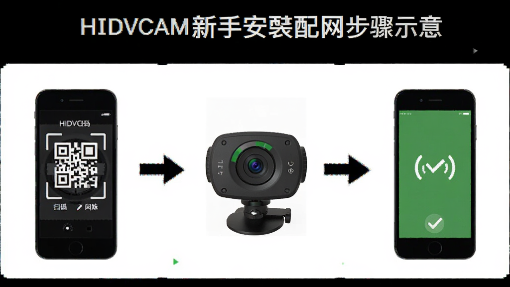 HIDVCAM新手安装配网步骤示意图,画面分为三个步骤,第一步手机扫码,第二步摄像头指示灯闪烁,第三步手机显示连接成功,步骤之间用箭头连接,背景为白色,风格简洁教程风,画质清晰,干净无多余元素