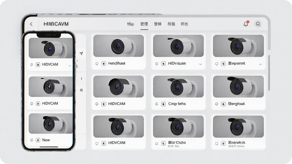 HIDVCAM多设备集中管理界面展示图,手机屏幕显示设备列表,每个设备卡片上有摄像头缩略图和自定义名称,列表整齐排列,背景为浅灰色,风格简约商务,画质清晰,干净无多余元素