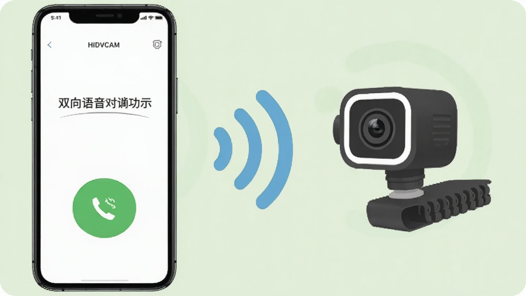 HIDVCAM双向语音对讲功能展示图,手机屏幕显示对讲按钮界面,手机旁边有一个摄像头设备图标,两者之间有声音波纹图标连接,表示语音互通,背景为浅绿色,风格温馨实用,画质清晰,干净无多余元素