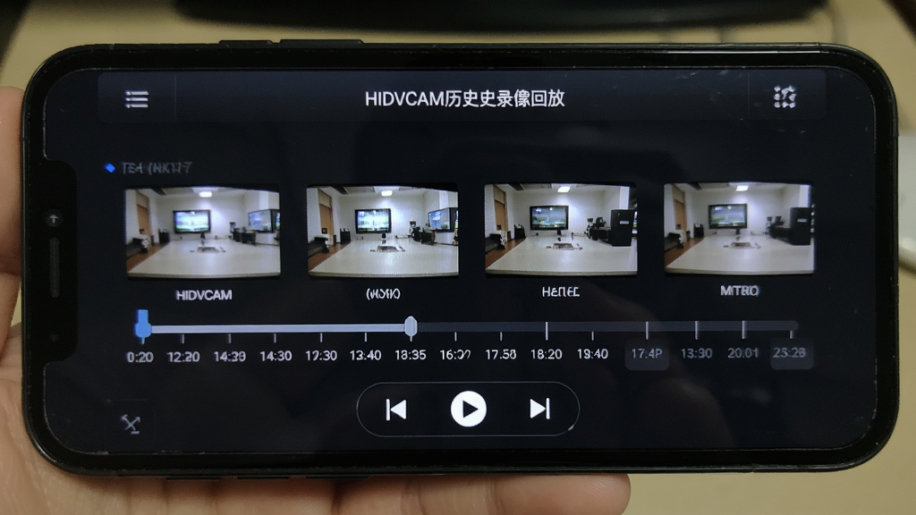 HIDVCAM历史录像回放界面展示图,手机屏幕显示时间轴和录像片段缩略图,屏幕上有播放控制按钮,背景为深色界面风格,突出视频回放功能,画质清晰,干净无多余元素