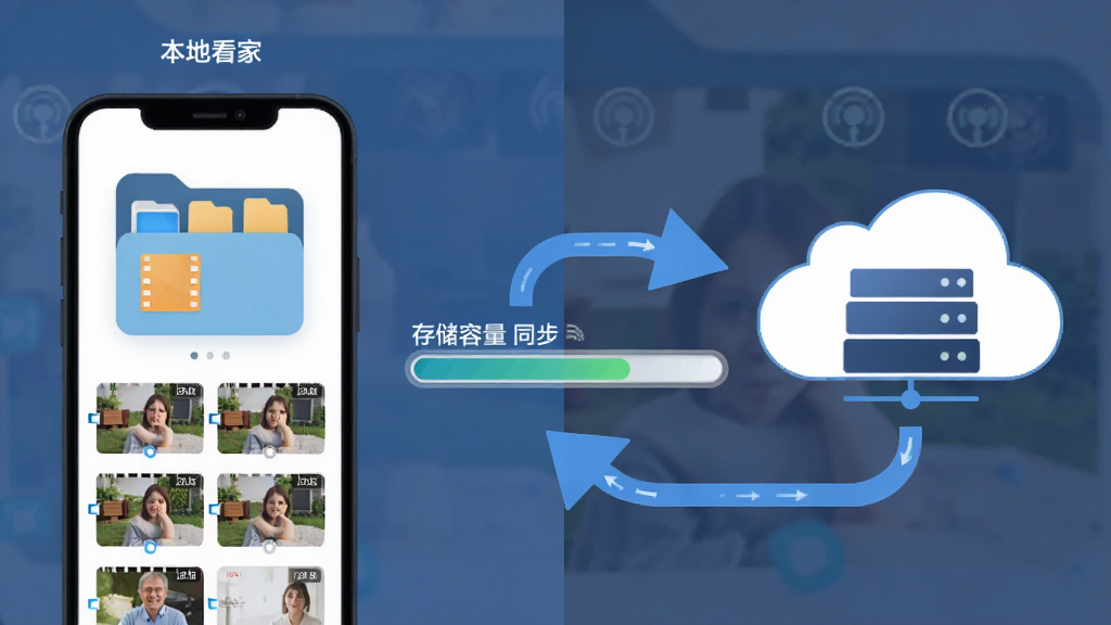 手机监控超清看家双存储方案展示图,画面左侧是手机本地文件夹图标和视频缩略图,右侧是云端服务器图标和同步箭头,中间有存储容量进度条,布局为左右对比信息图,风格为简约扁平化设计,细节上突出本地与云端的同步关系,画质干净清晰,无多余元素