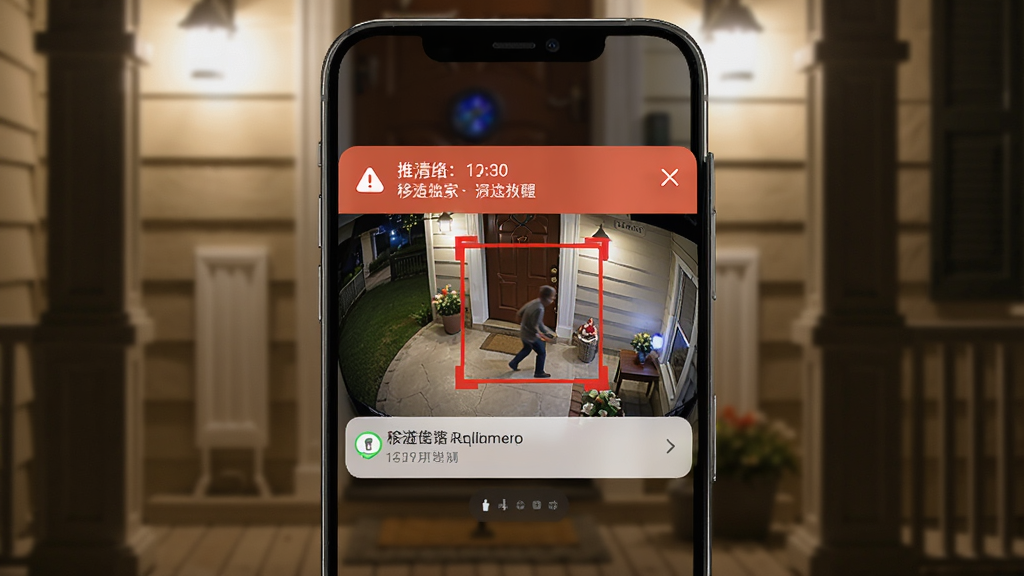 手机监控超清看家移动侦测报警功能示意图,画面中央是一部手机弹出报警通知卡片,卡片上显示有移动物体被红色方框标记的监控画面,背景是夜晚的家庭门口场景,布局为通知弹窗特写,风格为警示提醒类UI设计,细节上突出红色标记框和推送时间,画质干净清晰,无多余元素