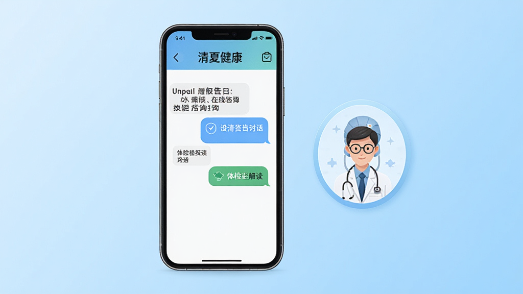 �ֻ���Ļ��ʾ�����Ľ�����������ѯ�Ի�������챨����ҳ�棬�Ա���ҽ��ͷ��ͼ�ꣻ����Ϊ����ɫ���䣬���־��У����Ϊ�ִ�ҽ�Ʋ廭��ϸ��רҵ�����ʸ��壬�ɾ��޶���Ԫ��