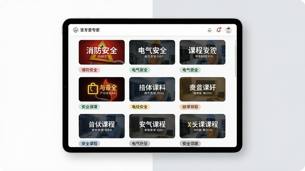��ȫר�����߿γ�ѧϰ���棬��������Ϊƽ�������ʾ�γ��б�ҳ�棬�γ̷�����������ʽ���У�����������ȫ��������ȫ�ȷ����ǩ������Ϊ��ɫ�뵭��ɫ���䣬������¼�Լ��ϸ�����������ʸɾ����޶���Ԫ��