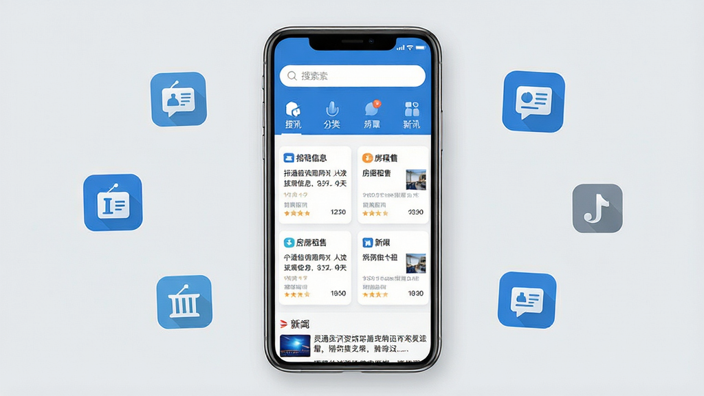 手机屏幕展示灵通资讯应用主界面,页面布局为顶部搜索栏和分类导航图标,中部为招聘信息和房屋租售卡片列表,底部为新闻资讯滚动区域,整体采用蓝色和白色配色,画面干净清晰,手机以正面角度居中放置于浅灰色背景上,周围点缀几个悬浮的资讯图标,风格为扁平化UI设计展示,画质清晰锐利,无多余元素