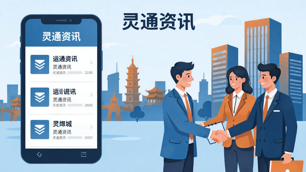 AI生成一幅运城本地招聘场景插图,画面左侧为手机屏幕显示灵通资讯招聘列表页面,右侧为几位不同职业的人物形象代表求职者和招聘方握手交谈,背景为运城城市剪影和办公大楼,整体色调为蓝色和橙色搭配,扁平化插画风格,布局左右对称,画质清晰干净,画面中文字标注“灵通资讯”