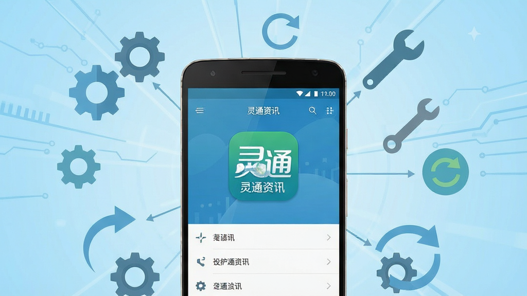 AI生成一幅手机应用故障排查示意图,画面中央为一部安卓手机显示灵通资讯应用图标和设置界面,手机周围环绕齿轮、扳手、刷新箭头等维修工具图标,背景为浅蓝色渐变,扁平化科技风格,布局以手机为中心辐射展开,画质清晰干净,画面中文字标注“灵通资讯”