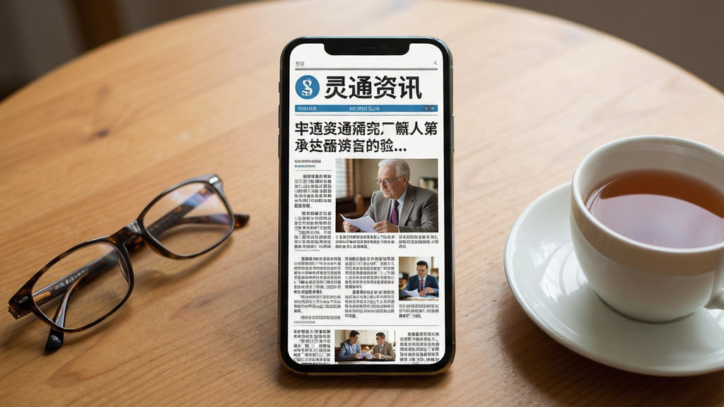 AI生成一幅电子报纸阅读场景图,画面中央为一部智能手机竖屏显示灵通资讯电子版报纸页面,报纸版面清晰展示新闻标题和图片,手机两侧放置一副老花镜和一杯茶,背景为温暖的木质桌面,整体风格为写实摄影风格,光线柔和自然,布局居中对称,画质高清,无多余元素