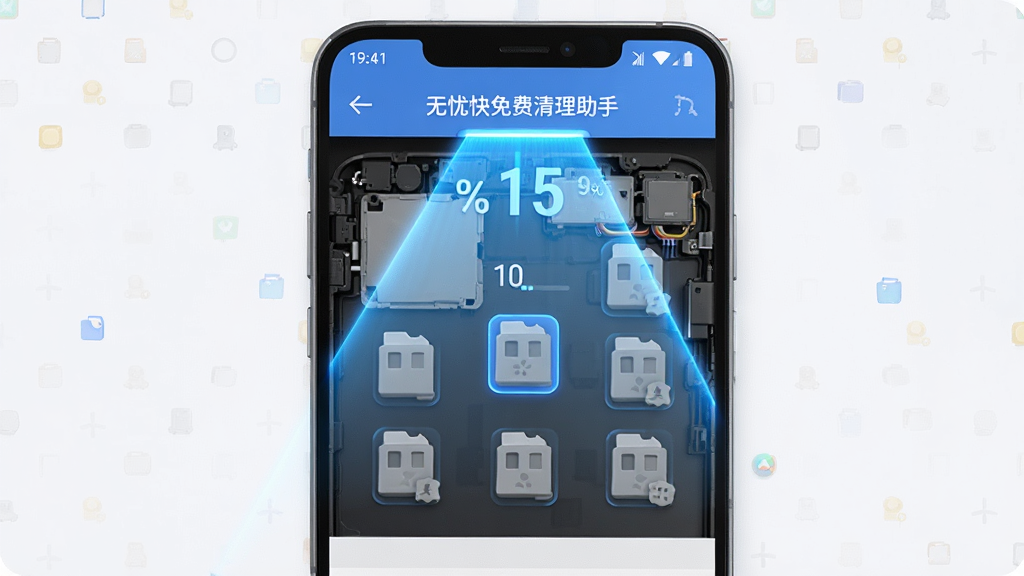 一部安卓手机屏幕显示“无忧快免费清理助手”的扫描界面,画面中手机内部结构透视化,各种垃圾文件以灰色方块形式被识别并标记,蓝色扫描光线从上至下扫过,主体位于画面中央,布局上下分层,排版清晰,风格为3D科技插画,细节包括发光扫描线、垃圾图标、进度百分比,画质高清,画面干净,无多余元素